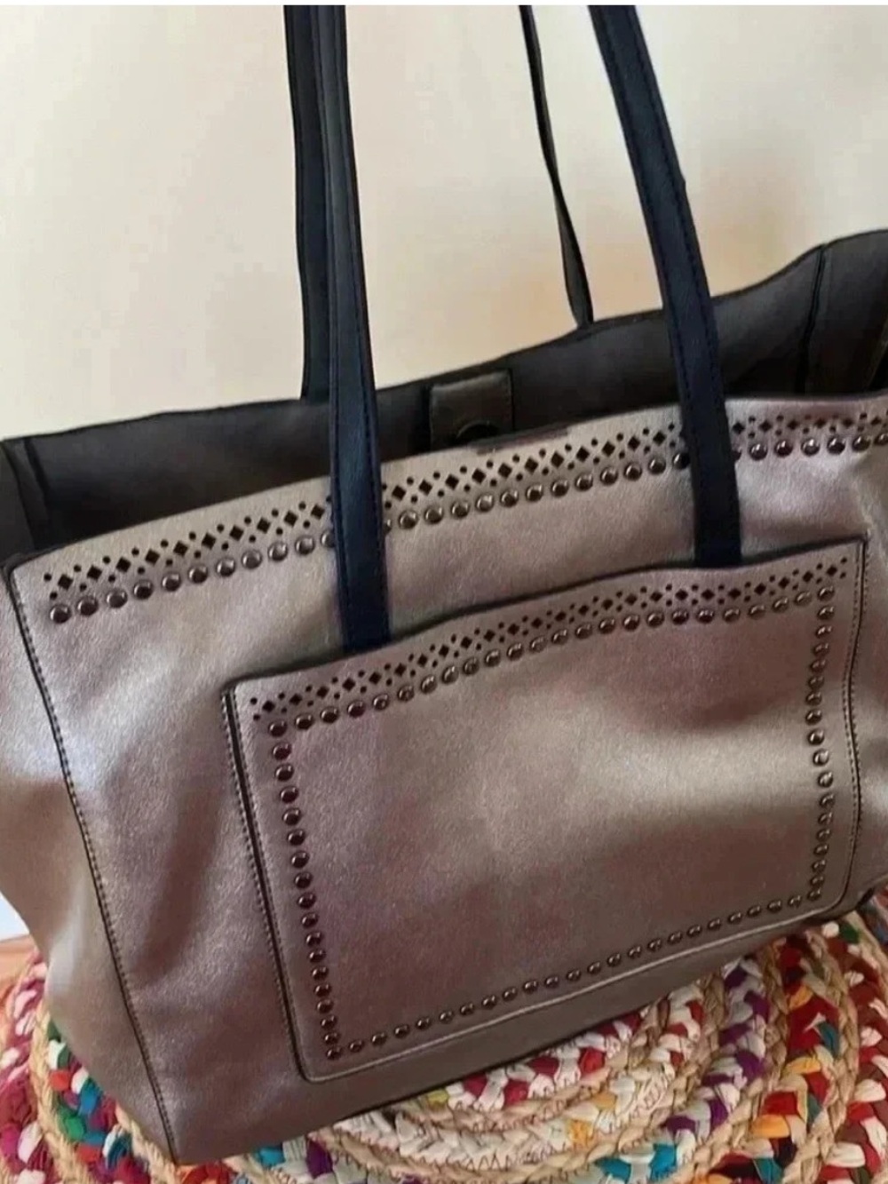 NWT Bloomingdale’s Metallic Taupe Studded Tote Bag with Black Straps